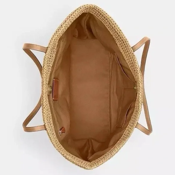 NWT COACH Straw and smooth leather City Tote Bag CBG87 Im/Honey Brown Multi - Picture 4 of 11